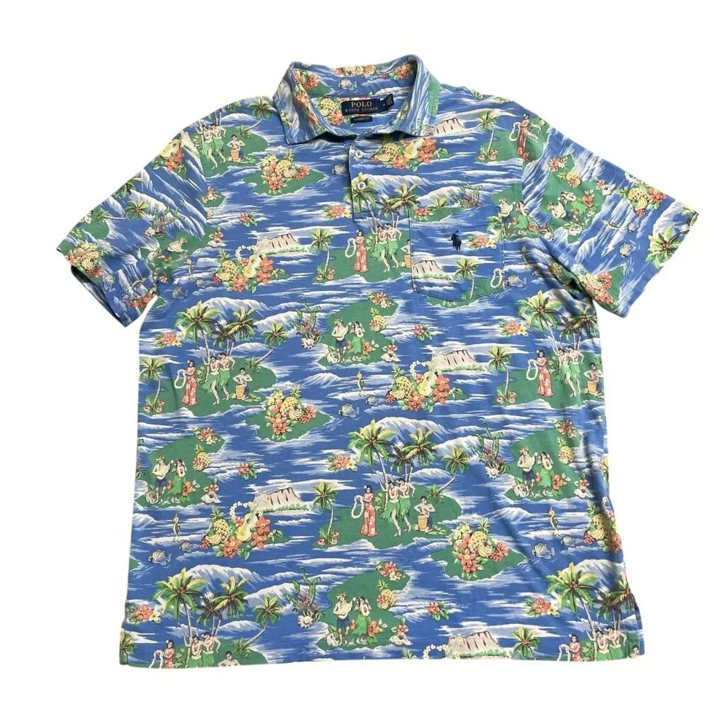 POLO RALPH LAUREN SHIRT HAWAIIAN HULA GIRL ALL OVER PRINT MENS M COTTON POLO